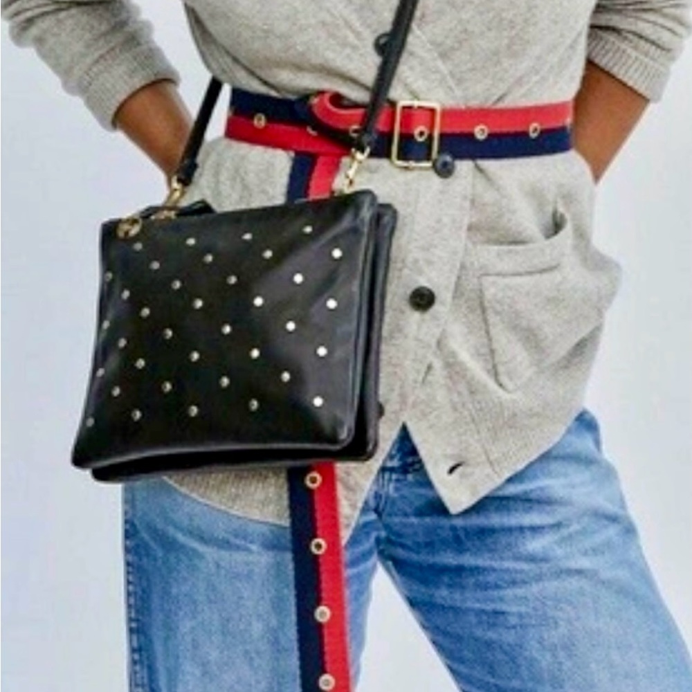 Clare V Black Crossbody Bag Double Sac Bretelle with Studded Gold Accents